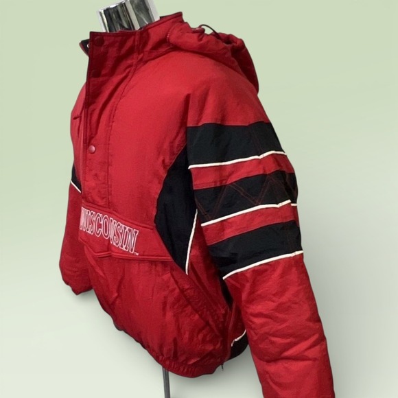 Starter Wisconsin Badgers Puffer Anorak Jacket Mens XL Red Black White Spellout - Picture 3 of 6
